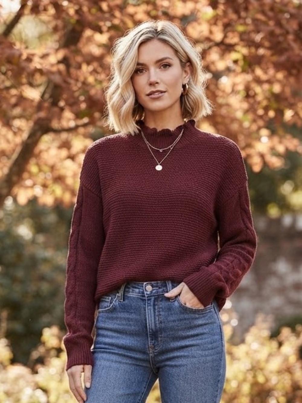 J. Crew Women's Burgundy Ruffle Mock Neck Sweater